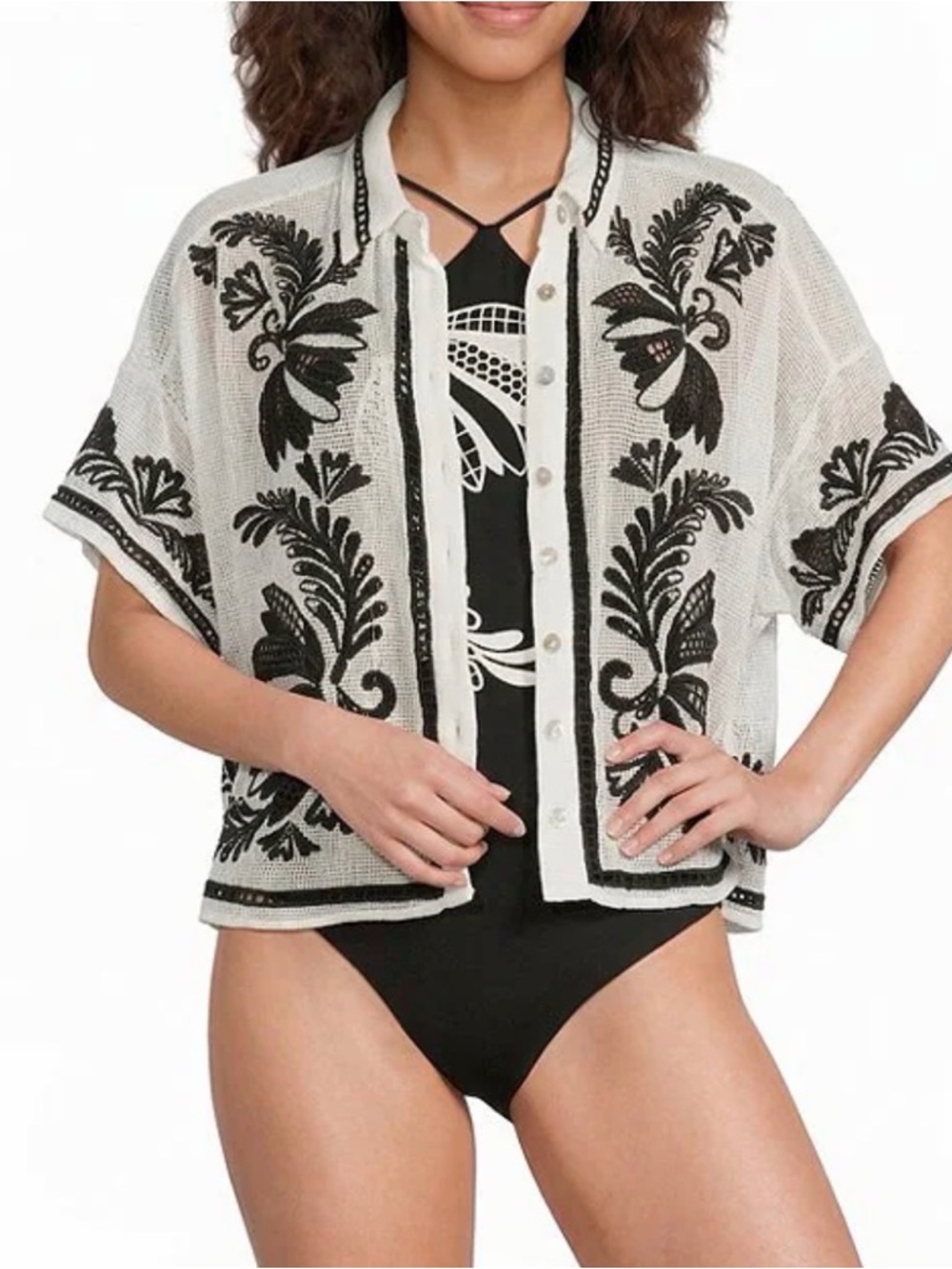 FARM Rio White Black Copacabana Beach Off-White Fishnet Blouse - Picture 5 of 13